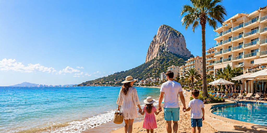 Family walking on Calpe beach near beachfront hotels with pool and Peñón de Ifach view